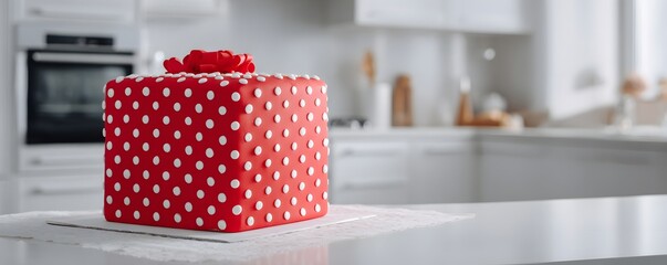 Red square Christmas cake on white table in cozy kitchen