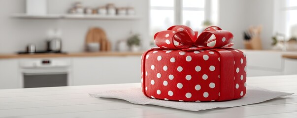Red Christmas cake on white table in bright kitchen