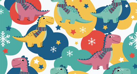 Seamless winter pattern featuring cute baby dinosaurs wearing scarves with snowflakes. Ideal for seasonal kids’ products, fabrics, and winter-themed decorations