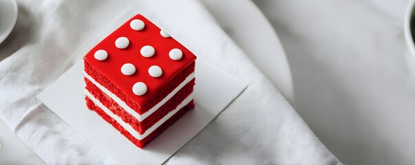 Red square Christmas cake on white table.