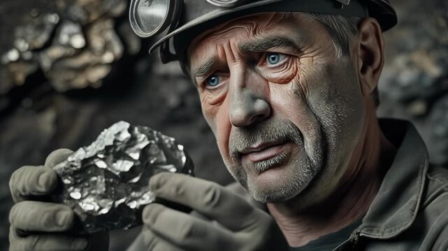 Miner holding silver ore. Close-up of coal miner with face covered in dust. Man in mining helmet and gloves. Mining industry worker. Heavy industry. Dirty worker. Ore sample. Industrial