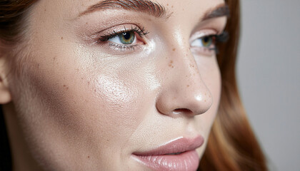 Stunning close-up reveals radiant, freckled skin with subtle makeup, showcasing natural beauty and healthy glow for ultimate skincare and cosmetic appeal.