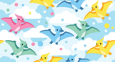 Repeating pattern of adorable flying pterosaurs among clouds and stars. Ideal for kids’ wallpapers, fabrics, and dreamy prehistoric-sky themes