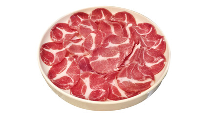 Thinly sliced raw pork collar arranged on a round plate, commonly used for hotpot, shabu shabu, or Korean BBQ dishes