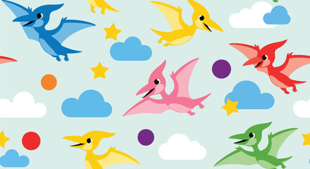 Repeating pattern of adorable flying pterosaurs among clouds and stars. Ideal for kids’ wallpapers, fabrics, and dreamy prehistoric-sky themes
