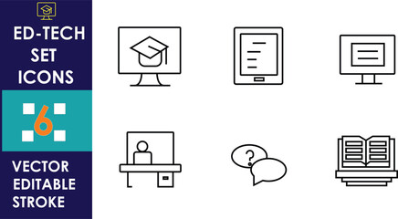 Obraz premium Minimal line-style ed-tech icon set featuring online learning symbols, digital books, e-classroom elements, communication bubbles, and education tools, presented in clean vector editable stroke format