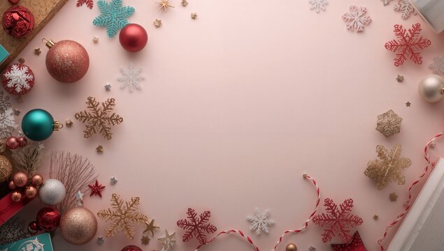 A flat lay arrangement of colorful Christmas ornaments snowflakes baubles stars candy canes and festive decor placed around the edges of a soft pastel background creating a cheerful seasonal frame
