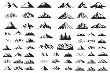 Naklejka premium A bold and minimalistic mountain landscape silhouette featuring layered peaks, pine trees, and natural scenic elements