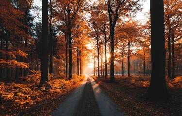 Obraz premium A serene path winds through a forest of tall trees lit by the warm glow of the sun