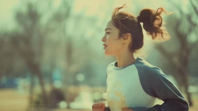 A woman jogging in a sunlit park, wearing a gray and white long-sleeve top with her hair tied back, focused on her run.