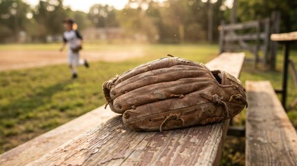 Close up detail of dirty hand gripping softball bat in rural sports setting