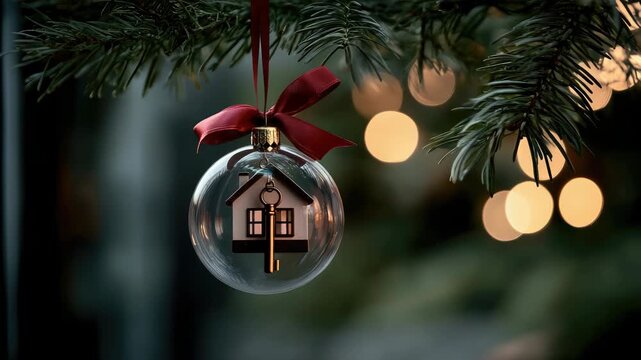 Cheerful Christmas tree branch featuring a clear bauble holding a shiny new car key with red ribbon, showroom blur in background suggesting holiday car gift and surprise