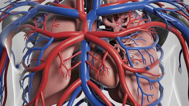 3D Close-up of Major Arteries and Veins in Human Circulatory System.