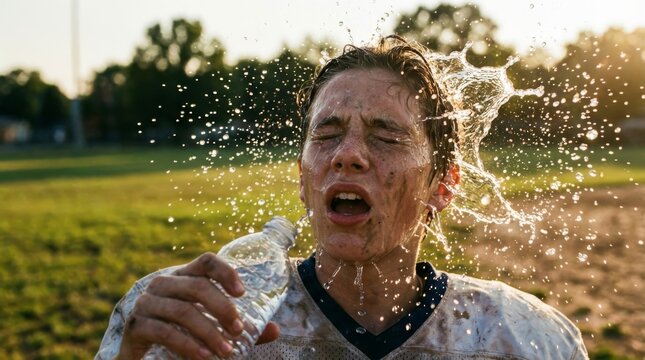 Exhausted athlete splashing water on face to cool off after rural sports match