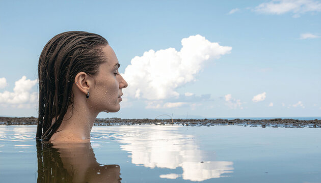 Serene woman immersed in tranquil water, finding peaceful mindfulness under the sky, perfect for wellness retreats and calming nature escapes with fresh air and water