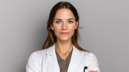 Dedicated Female Physician in Hospital Attire Smiling While Examining Patient with Care and Skill