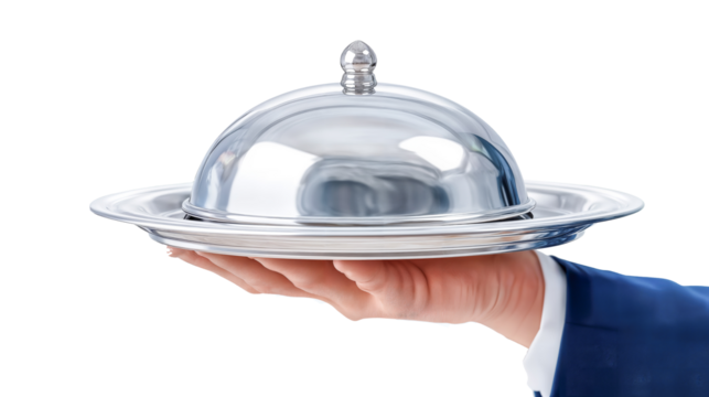 Waiter serving food on a silver tray, isolated on white background