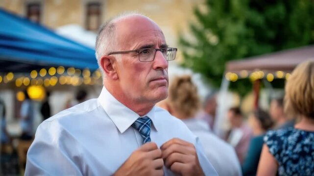 Older man in a white shirt and blue tie adjusts his tie at an outdoor event with string lights and blurred guests.
