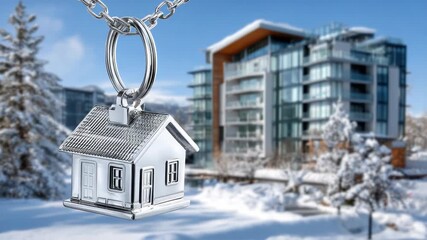 Shiny silver house keychain hangs foreground against blurred snowy winter scene with a modern residential building and trees, evoking home purchase, moving, and holiday dreams - Powered by Adobe