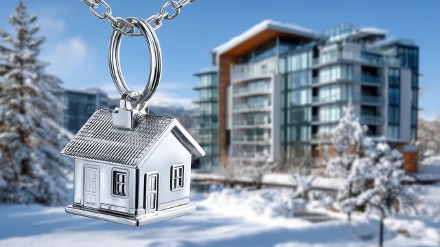Shiny silver house keychain hangs foreground against blurred snowy winter scene with a modern residential building and trees, evoking home purchase, moving, and holiday dreams - Powered by Adobe