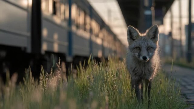 A fox standing on grass beside a train at a station.