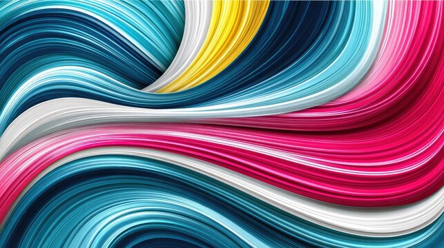 An abstract background featuring flowing, overlapping ribbons of vibrant colors like blue, pink, white, and yellow, creating a sense of dynamic movement and dep