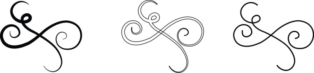 Elegant vintage calligraphic swirl set, ornate decorative flourish collection, classic filigree ornament group, swirl, curl, divider, scroll, border element, black line art design vector illustration