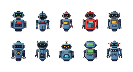 Collection of cartoon robots vector illustrations in various colors and designs
