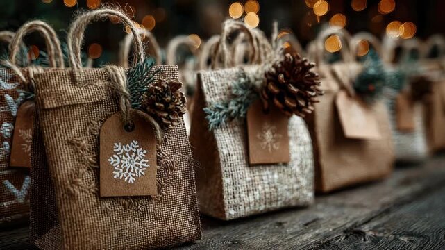 Tiny handmade burlap Christmas gift sacks lined on rustic wood, each topped with a pine cone, fir sprig and a tag stamped with a white snowflake design
