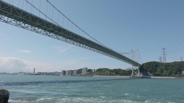 Kanmon bridge over the sea on a sunny day in Kitakjushu, Japan.