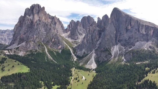 Langkofel massif from bird flight. The impressive mountain rises to over 3 kilometers in height.