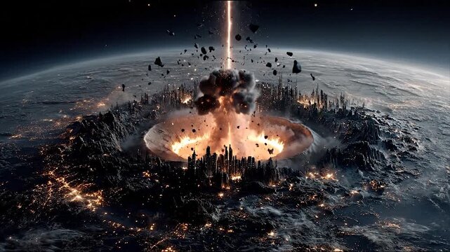 Dramatic visual of a planet in space being hit by a celestial body