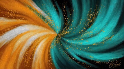 An abstract digital artwork featuring swirling patterns of orange, white, and teal brush strokes, with scattered gold dust. The composition creates a sense of d