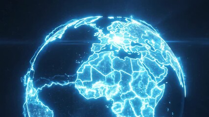 Vibrant futuristic blue globe showing North and South America with bright energy lines representing connectivity data transfer and global business - Powered by Adobe