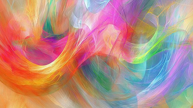 An abstract digital artwork featuring flowing, interwoven lines and shapes in a vibrant spectrum of colors, creating a sense of movement and energy.
