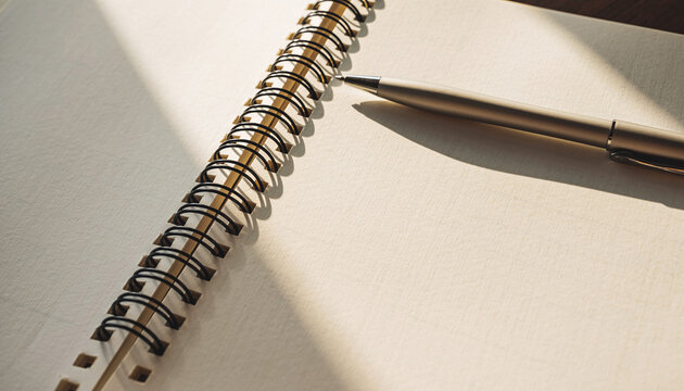 Sunlit notebook with pen, ready for ideas. A clean aesthetic for planning, creativity, journaling, or reminders. Neutral tones, perfect for any project.