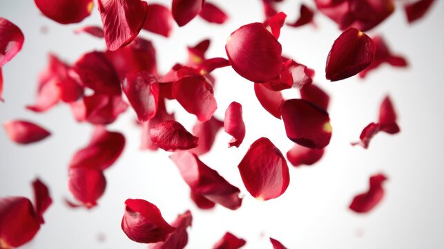 Falling red rose petals explosion on white, dynamic floral motion, romantic valentine concept, love celebration background, flying flowers