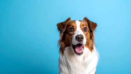A cute brown and white dog with an open mouth against a bright blue background, looking directly at the viewer
