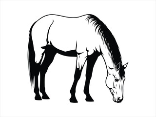 Black and White Illustration of a Grazing Horse with Detailed Mane