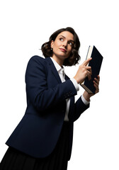 Woman in Navy Blazer Holding Book and Thinking, Isolated on Transparent Background, PNG
