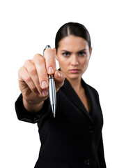 Serious Businesswoman Holding Out A Silver Pen To Sign A Contract, Isolated On Transparent Background, PNG