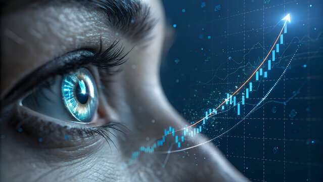 Eye with rising arrow, Blue Eye with Rising Arrow and Stock Chart, Vision of Growth, Futuristic close‑up eye with an upward arrow