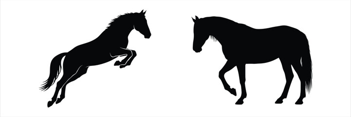 Two Silhouettes Of Horses In Motion, One Jumping And One Standing