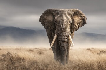 A majestic elephant with impressive tusks walks through dusty, dry African grassland
