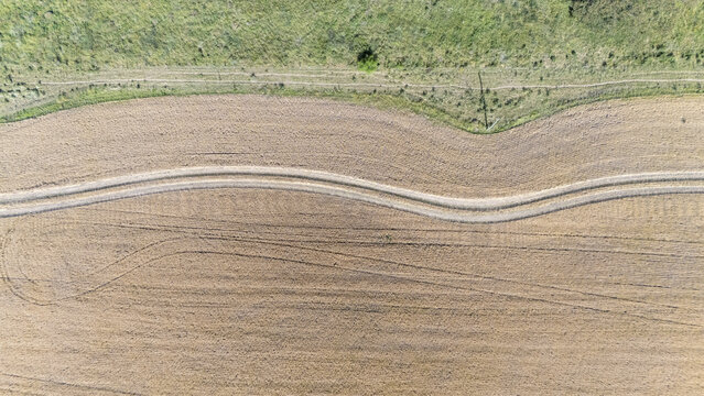 Aerial view of a sinuous dirt road carving through a field of muted gold, contrasting sharply with the vibrant green of the bordering vegetation, Paso de los Toros, R&iacute;o Negro Department, Uruguay.
