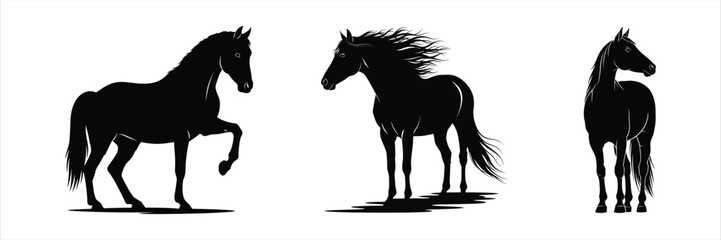 Collection of dynamic black horse silhouettes showcasing various equestrian poses and majestic movements