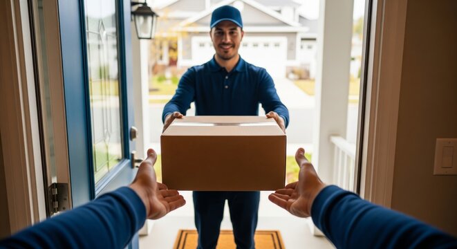 Delivery Man Handing Cardboard Box to Customer. customer's hands receiving a cardboard package box from a delivery man wearing a uniform and cap. The delivery man is smiling blurred face