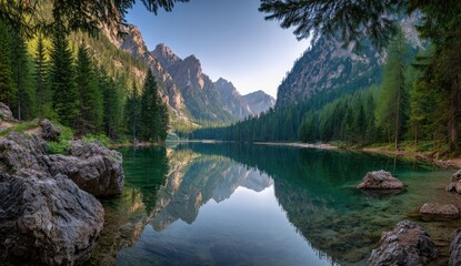 A tranquil mountain lake reflects towering peaks and a dense pine forest under blue sky