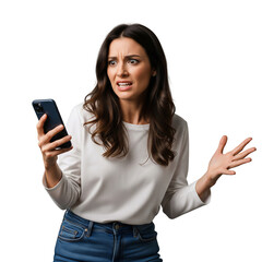 Disgusted woman with angry, confused expression looking at smartphone, gesturing in frustration, isolated on transparent background, png