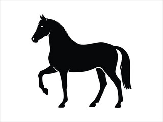 A majestic black silhouette of a graceful trotting horse isolated on a white background